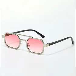 Chic Dual - Tone Square Metal Sunglasses with Gradient Blue Lenses (Pink)