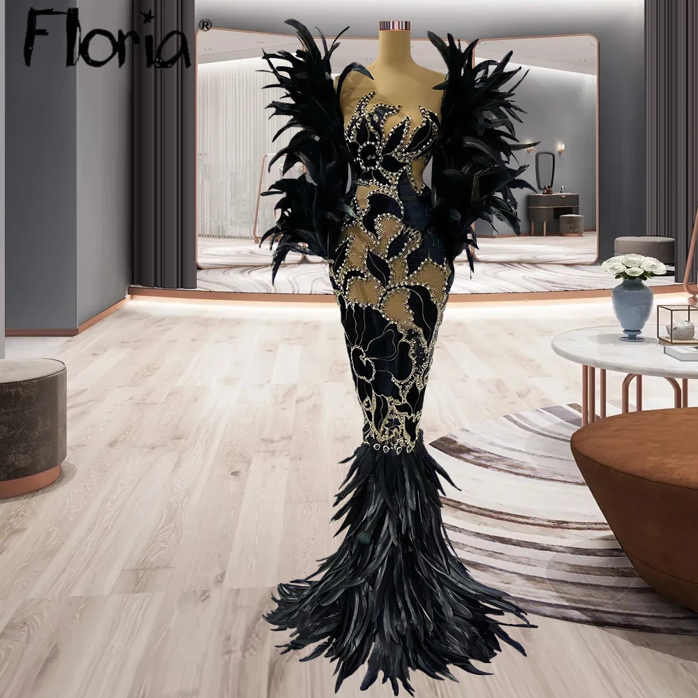 

Luxury Black Feather Mermaid Evening Dress Full Beaded Pearls Prom Gowns Illusion Long Sleeves Party Dresses Custom Made