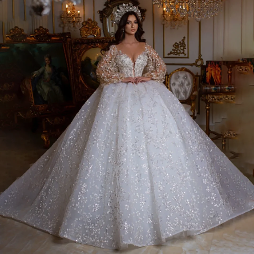 Maßgeschneiderte Dubai Funkelnde Perlen-Pailletten Ballkleid Hochzeitskleider 2026 Sweetheart Langarm Schleppe Brautkleider für Damen – Detail 3