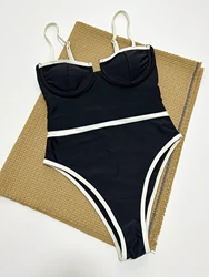 Elegant Black and White Contrast Push - Up One Piece Swimsuit - M (Black)