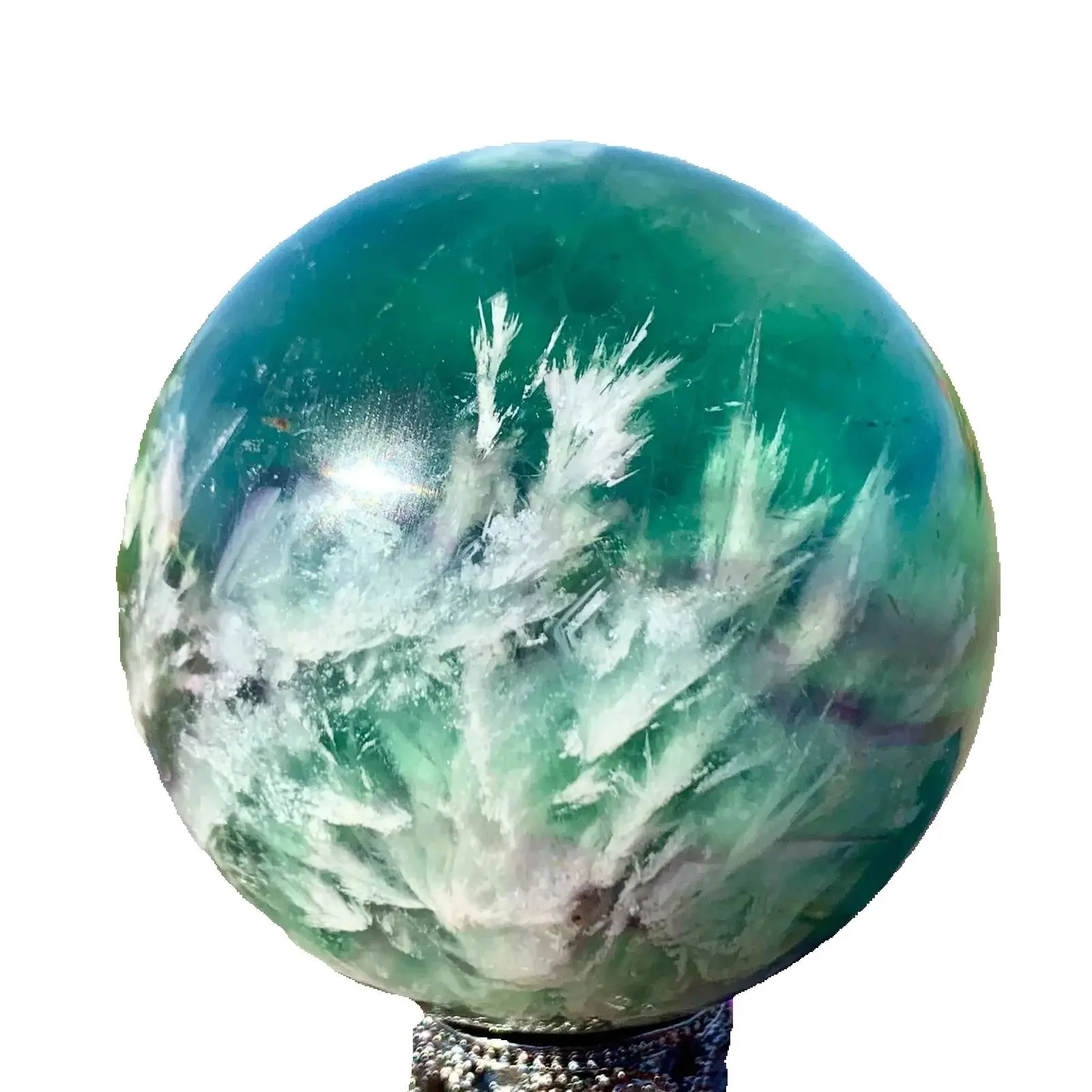 Rare Natural Snowflake Feather Fluorite Ball, Quartz Crystal Energy Ball Mineral Reiki Healing Stone, Degaussing Magic Divinatio 2