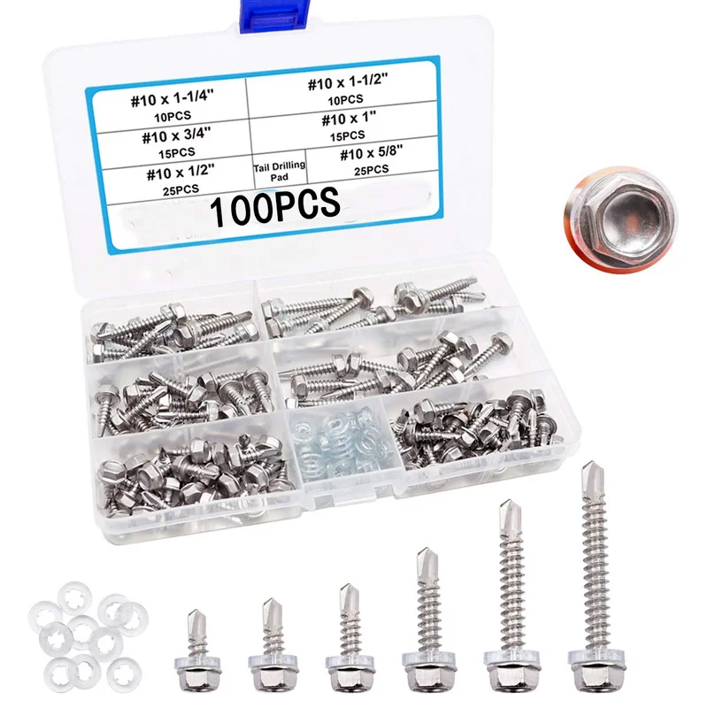 

100pcs Boxed 410 Stainless Steel Self-tapping External Hexagonal Self-drilling Screw With Rubber Ring M6.3+Magnetic Small Sleeve