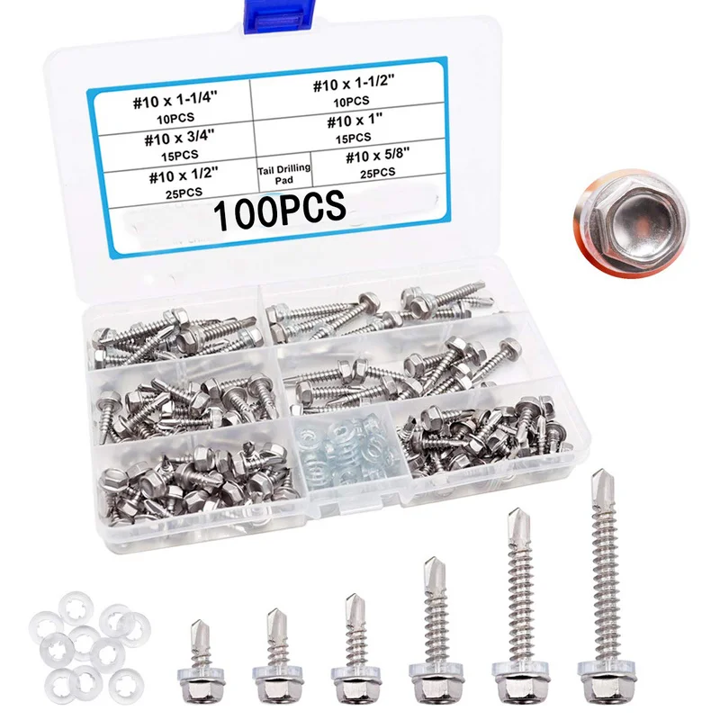 Hex Washer Self Drilling Screws 1/4 x 1-1/4" 410 Stainless Steel Screw 25pcs 