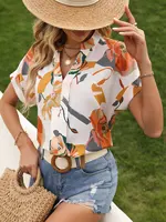 Women Flora Print Notched Neck Batwing Sleeve Blouse Ladies Tops Shirts - Image 4