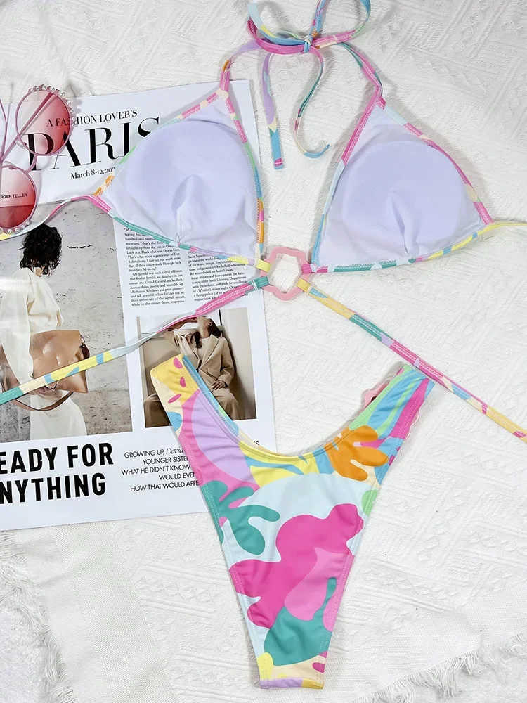 Sexy Flower Printed Halter Triangle Bikini Women Swimwear Female Swimsuit Two-pieces Bikini set Bather Bathing Suit Swim Lady