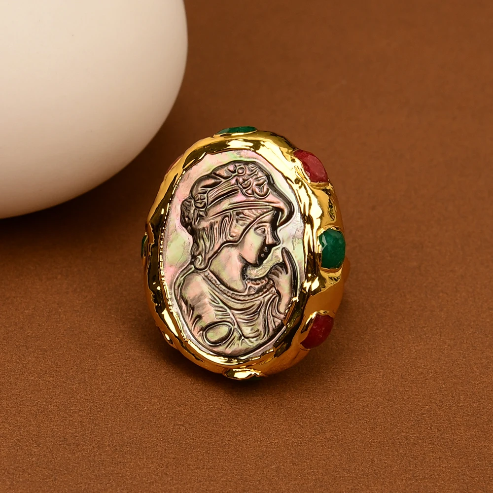 Natural Sea Shell Pearl Rings Jade Paved Gold Plated Adjustable Ring Handmade Lady Gifts