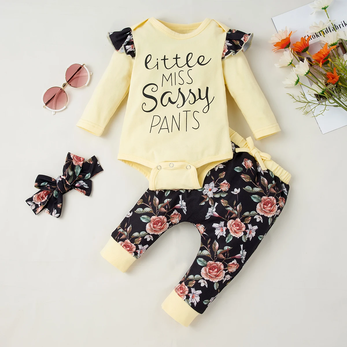 

0-2Y Newborn Clothing Baby Girl Long Sleeved Triangular Romper Suit Hair Band Pants 3Pcs Set