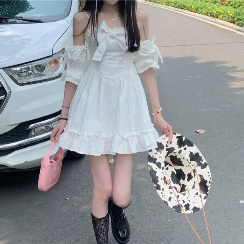

Sweet Cute Princess Dress White Kawaii Fairy Dress Women Patchwork Off Shoulder Harajuku Mini Dresses Bow Ruffle Sundress Summer