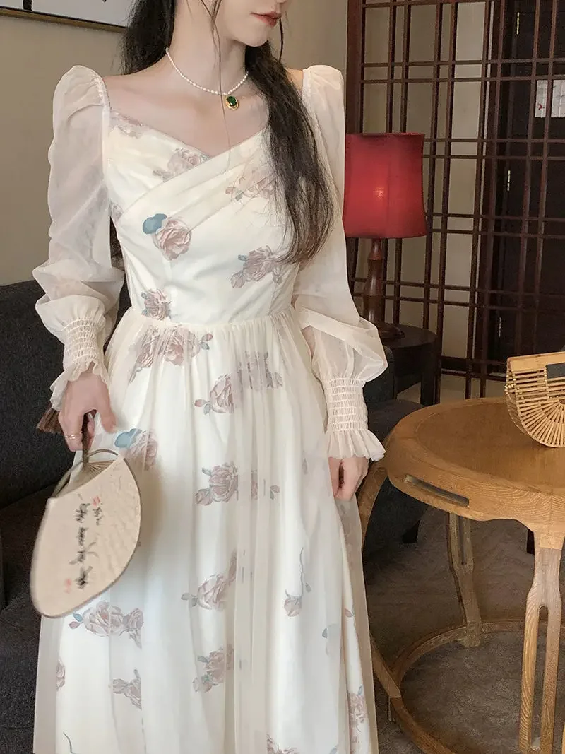 

Mesh Vintage Long Sleeve Midi Dress Women Casual Korean V-neck Long Fairy Dresses Elegant Women's Dresses for Party 2024 Spring