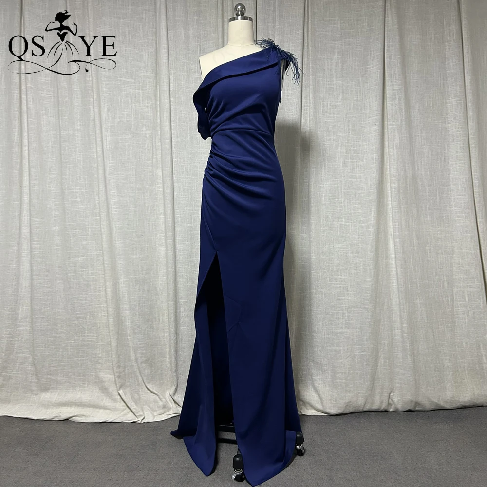 one-shoulder-strap-navy-evening-dresses-ostrich-hair-feather-elastic-satin-simple-prom-gown-off-shoulder-split-blue-party-dress