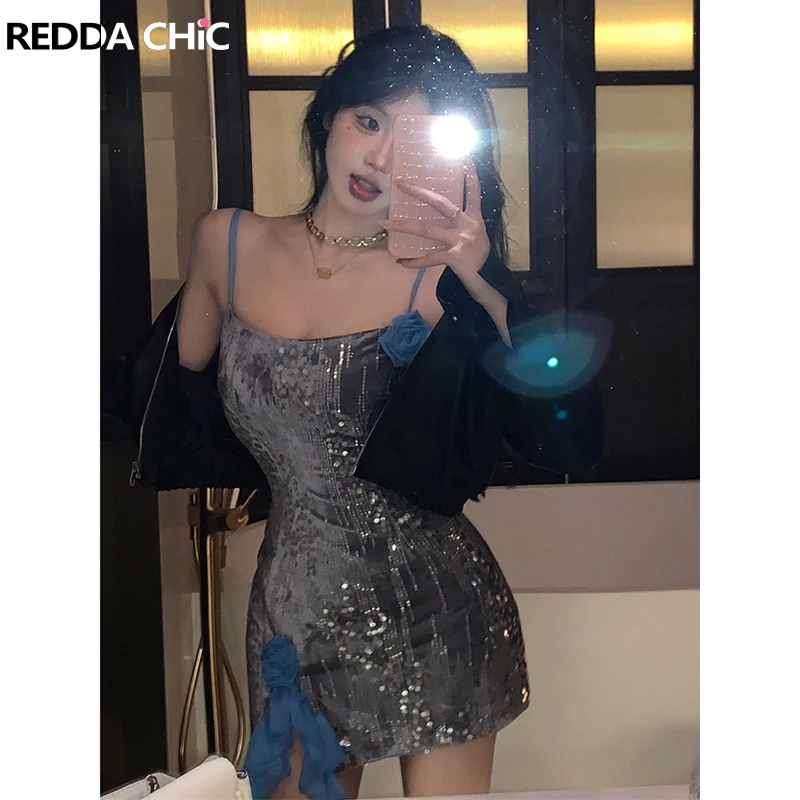 

REDDACHiC Flower Corsage Sequin Mini Dress Women Y2k Sparkly Sleeveless Spaghetti Straps Bodycon Desire One-piece Night Clubwear