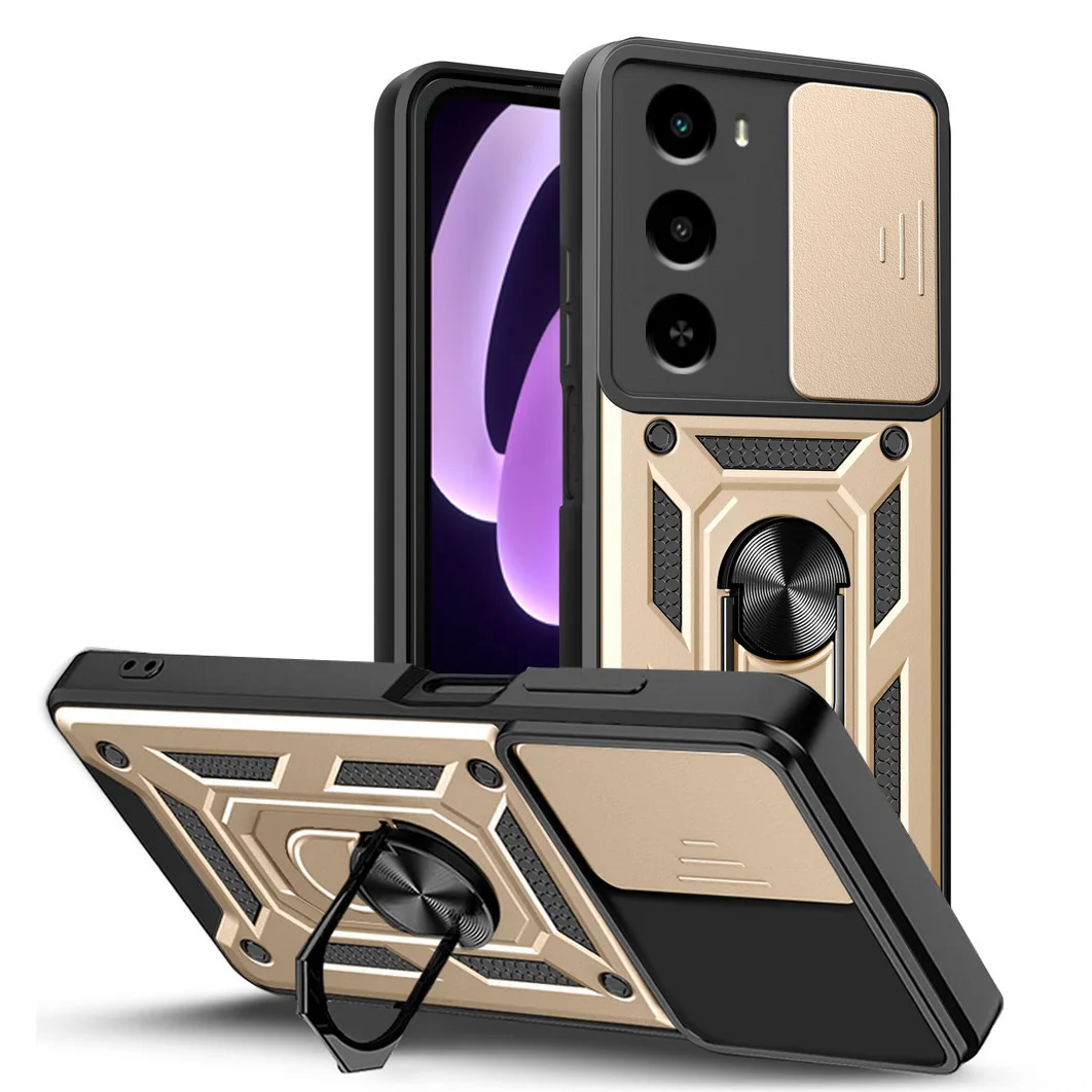 Enhanced Camera Protective Case with Armor Hybrid Metal Ring Holder Cover
