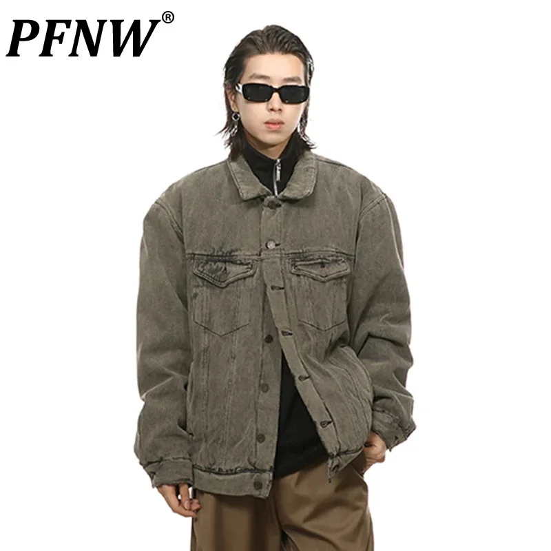 

PFNW Denim Padded Jackets Men's High Steet Worn Out Male Washed Cotton Coats High Street Stlyish 2023 Winter New Tops 28W2336