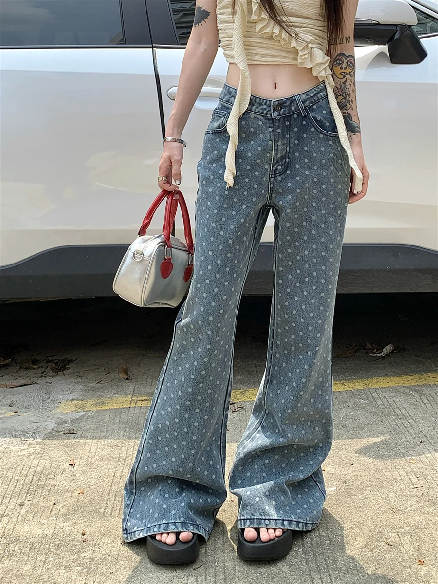 

Slergiri Y2k Streetwear Polka Dot Flare Pants Women Spring Summer Korean Fashion Loose High Waist Vintage Bell Bottom Jeans