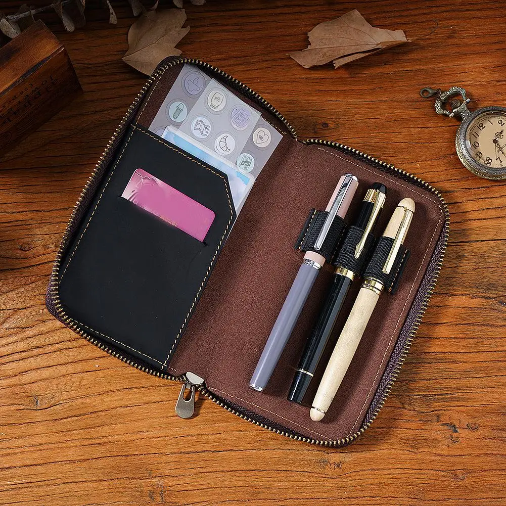 

Leather Pencil Case Zipper Retro Fountain Pen Pouch For School Students Cowhide Men Pencil Bag with Pen Slots Wholesale Unisex