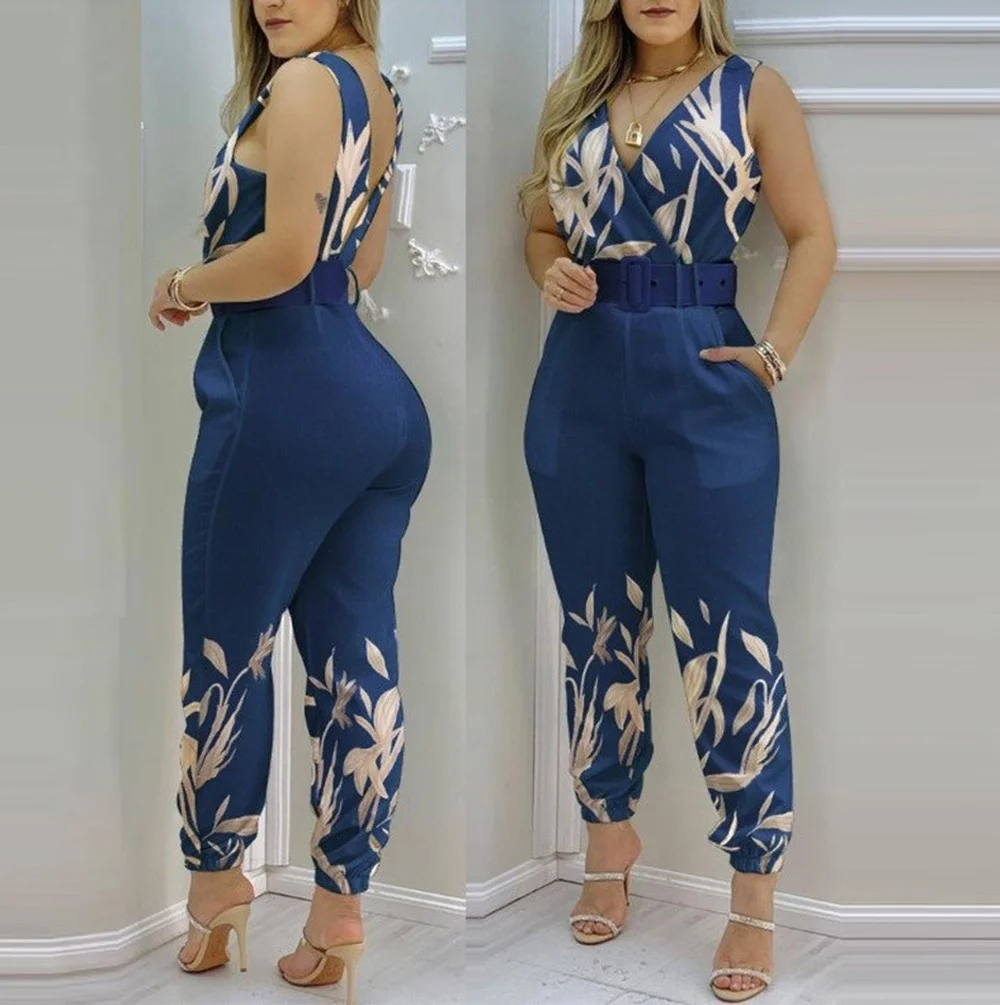 Summer High Waist Sleeveless Long Jumpsuit Women Fashion Printing V-neck Sleeveless Sashes Long Jumpsuit Women