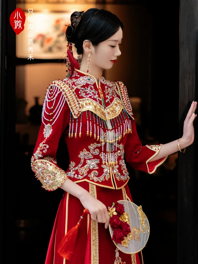 

Oriental Marriage Costume Party Dress Vintage Velour Cheongsam Chinese Style Bride Sequins Beading Tassels Wedding Dress