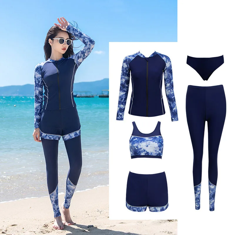 Women Long Sleeve 5pcs/set Swimsuit UPF50+ Full Rash Guard Shirt+Bra+Leggings  Surfing Swimwear Tank Bikini Tankini Thong Bottom - AliExpress