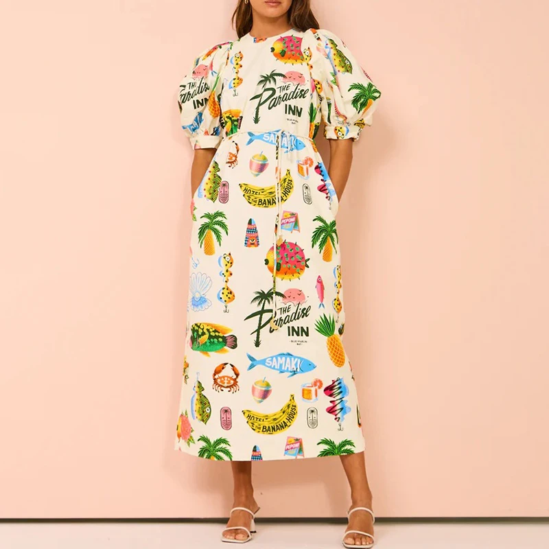 

Casual Short Sleeve Summer Maxi Dresses For Women 2024 Vintage Empire Waist Dress Coconut Trees Elegant Hawaii Beach Long Dress