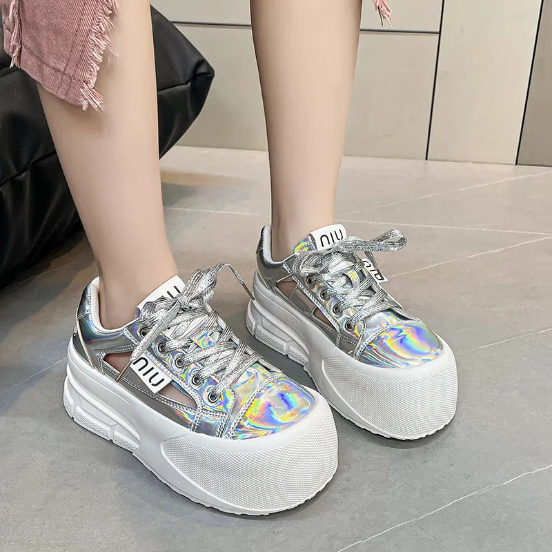 

Patent Leather Hidden Heel Platform Wedge Chunky Sneakers Hollow 6.5CM Summer Spring Women Lace Up White Comfortable Shoes New