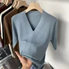 Women Sweater Short Sleeve V-neck Stripe Knitwears Slim Fit Shirt Korean Fashion Pullovers Thin Knit Tops 2024 Bottoming Shirts 4