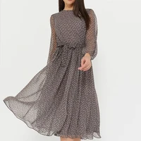 Spring and Summer Chiffon Dress Long Sleeved Solid Color Polka Dot Dress Elegant Lantern Sleeve Round Neck High Waisted Dresses