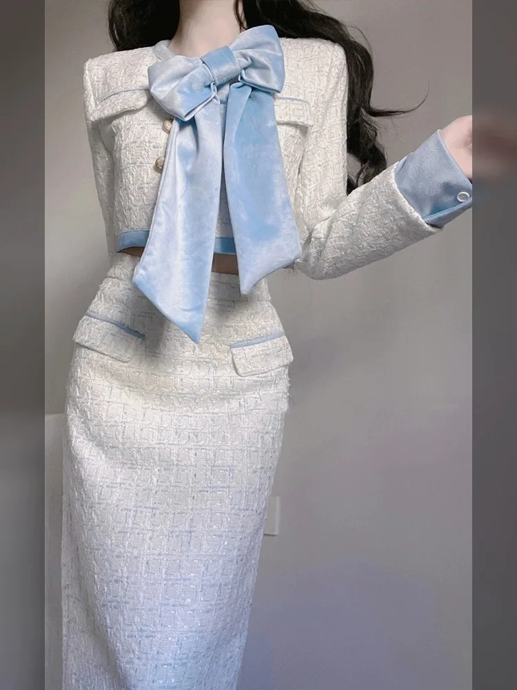 Conjunto de dos piezas elegante de moda coreana para otoño e invierno, chaqueta corta, abrigo, falda midi de cintura alta, conjuntos de lujo.