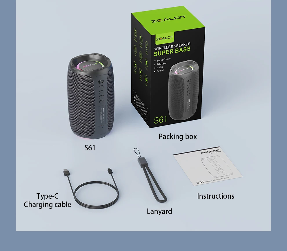 ZEALOT S61 20 W kabellose Lautsprecher, tragbarer Subwoofer-Lautsprecher für den Außenbereich, 3000-mAh-Akku, EQ-Modus, Dual-Pairing. – Detail 18