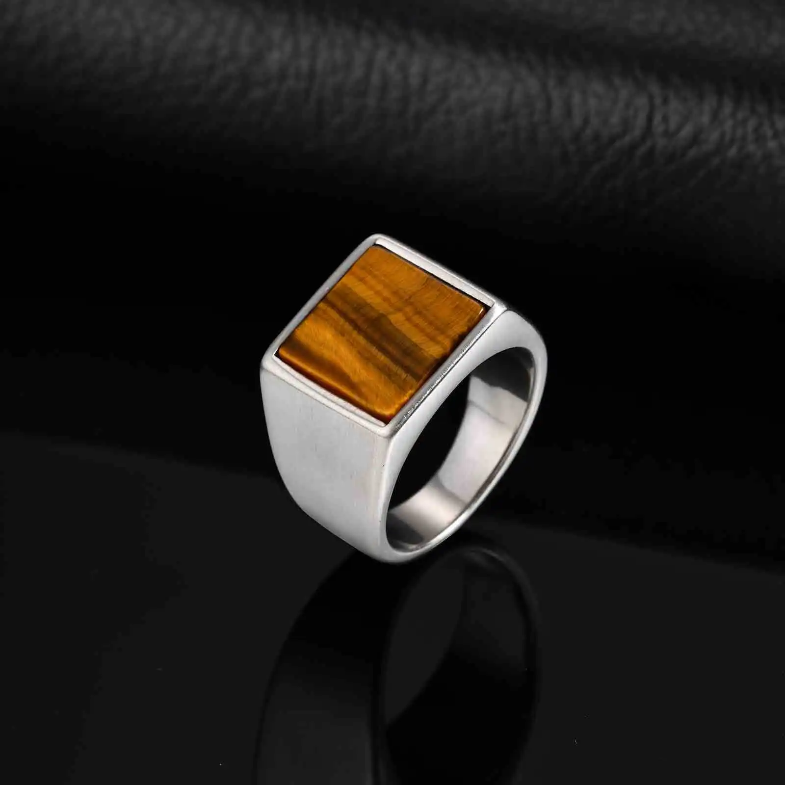 Classic Men's Ring,Natural Tiger Eye Stone Stainless Steel Ring,Waterproof Square Thumb Ring,Party Vintage Jewelry Gift