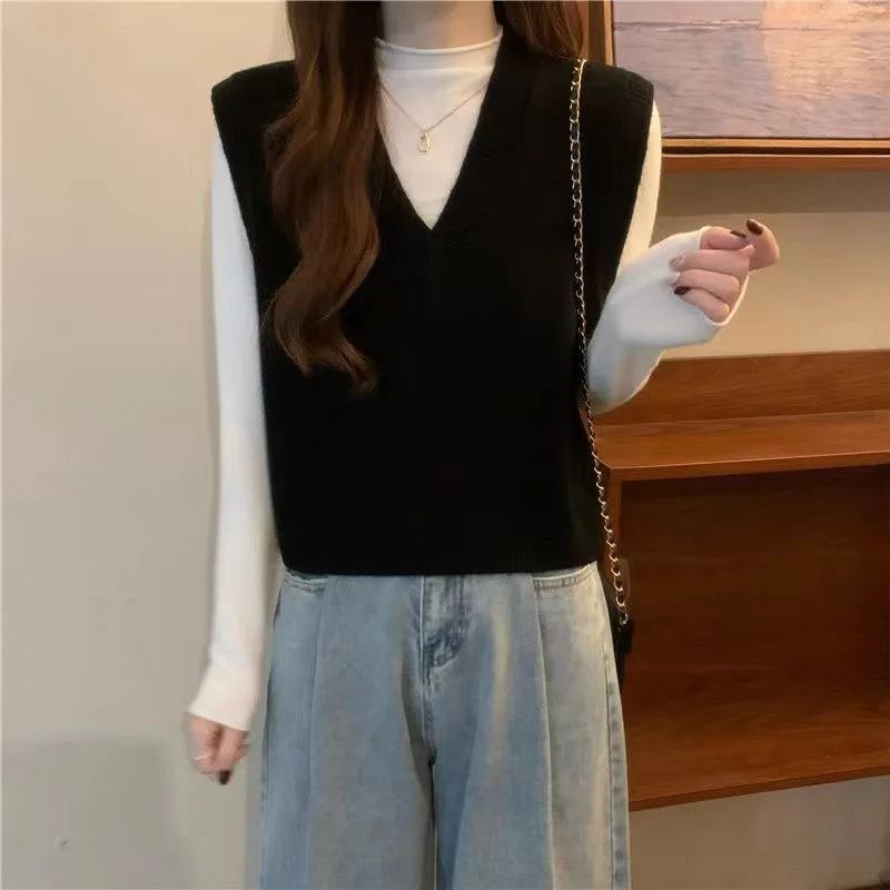 Xpqbb Spring Autumn New V-neck Knitted Vest Women Vintage Sleeveless Sweater Waistcoat Female Korean Chic Cropped Knit Tops 6