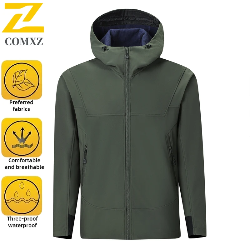 EiAO Men Women Outdoor Softshell Jacket Waterproof Windproof Fleece Lined Hooded Tactical Coat for Hiking Camping Mountaineering