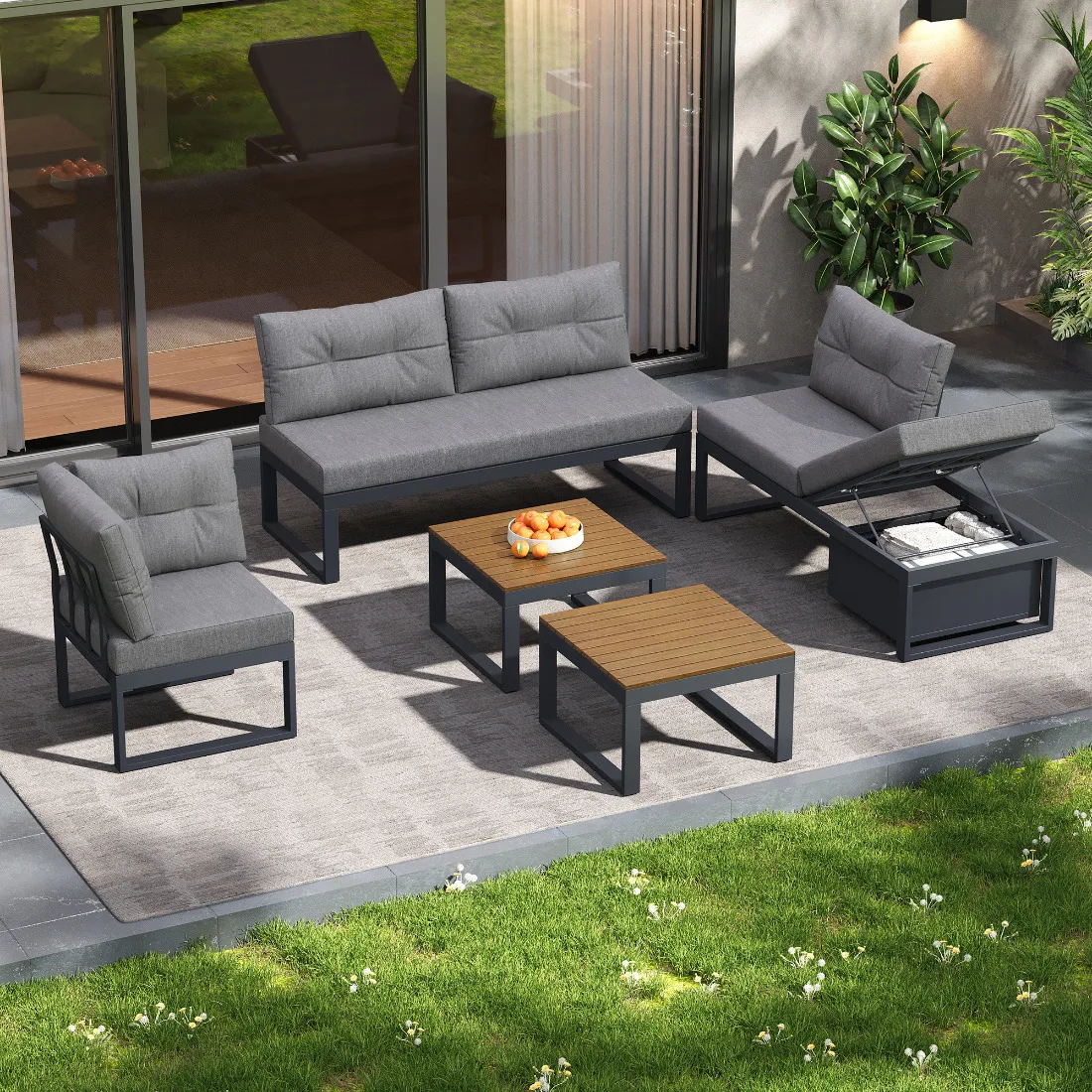 Dunkelgraues Multifunktionales Gartenmöbel-Set mit Verstellbarer Rückenlehne & Stauraum – Detail 7