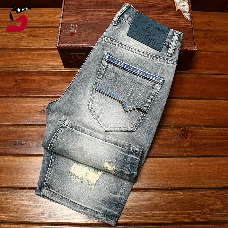 

Высококачественные джинсовые шорты в стиле ретро, мужские летние рваные модные брендовые потертые повседневные трендовые брюки в Корейском стиле