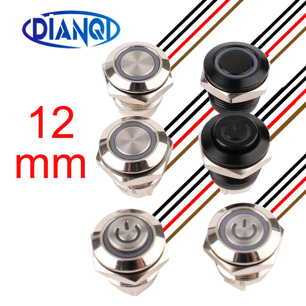 1 Stück 12 mm ultrakurzer Drucktastenschalter, wasserdicht, 12 V, 220 V, LED-Licht, kurzzeitig, selbstrückstellende Verkabelungstasten ohne Fixierung, Rot – Detail 1