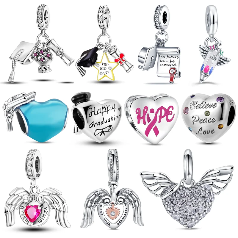 

925 Sterling Silver Graduation Happy Gift Hat Flying Heart Dream Wings Hope Peace Beads Fit Original Pandora Charms Bracelet DIY