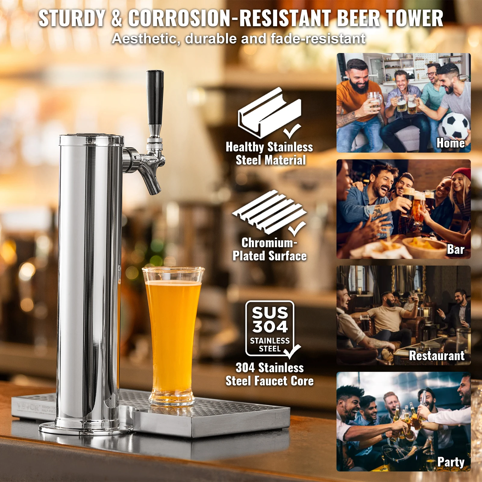 VEVOR Kegerator Tower Kit Single Tap Beer Conversion Kit Stainless Steel Keg Beer Tower Dispenser Drip Tray for Party Home