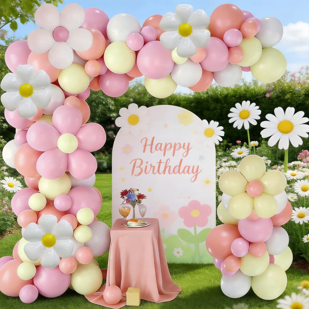 120-teiliges Rosa Gänseblümchen-Ballonbogen-Set, Gänseblümchen-Folienballons Kombiniert mit Macaron-Rosa, Gelb und Orange Ballon-Kombinationen, Ideale Wahl für Frühlings-Geburtstagsfeiern, Babypartys, Hochzeiten im Fre – Detail 4