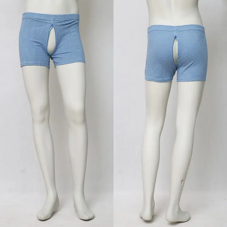 Men's Zipper Open Crotch Striped Thin Black Shorts Panties Casual Sleeping Shorts Bottoms Underwear