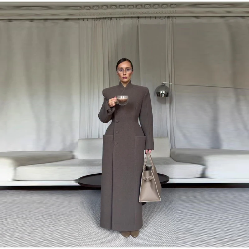 Elegant Hidden Button V-neck Long Coat Women Vintage Classic Waist-cinching Black Tweed Coats Lady Winter Chic Street Overcoats