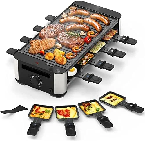 

Table Grill, Korean BBQ Grill Raclette Grill with 8 Paddles & 8 Spatulas, Indoor Grill with Reversible 2-in-1 Non-Stick Gri