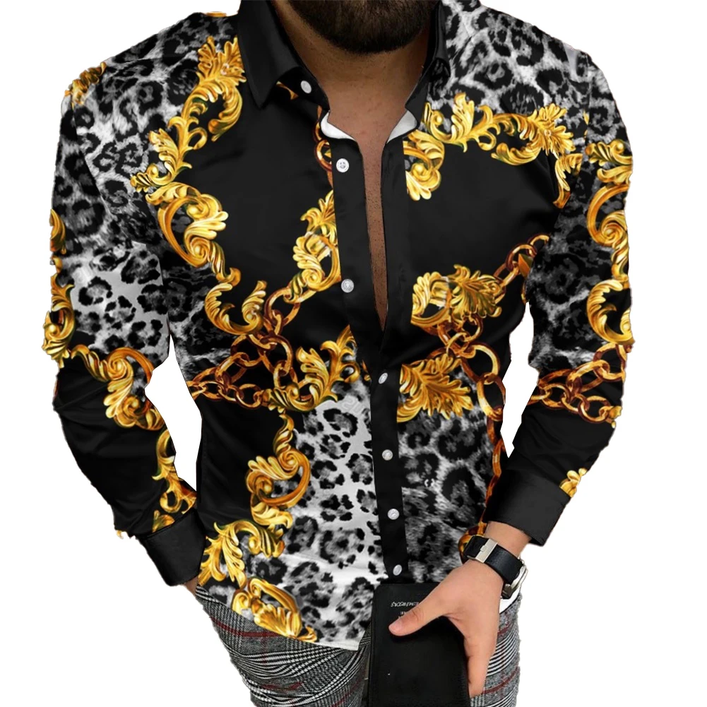 Men's Fashion Printed Shirts Long Sleeve Muscle Fitness Shirt And Blouse Button Lapel Party Dress Up Men Tops