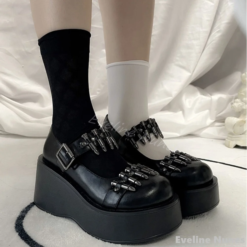 Bullet Studded Punk Loafers Women Big Toe Platform Shallow Hollow Belt Buckle Black Leather Lolita Shoes 2025 New Cool Girl Shoe 6