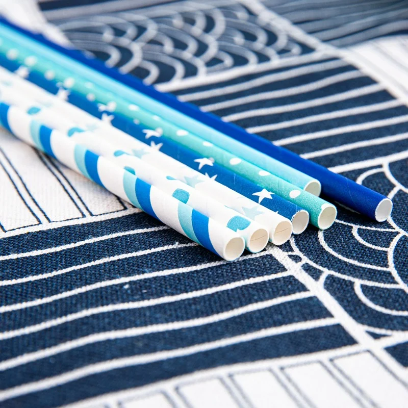 Lot De 50 Pailles Bleues, En Papier Rayé Bleu Et Blanc, Sans