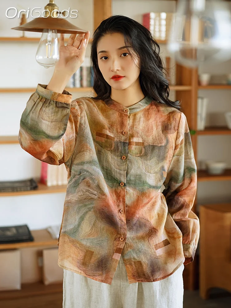 

OriGoods 2024 Summer New Women Shirt 100% Ramie Long Sleeve Print Tops Shirts for Women Korean Fashion Casual Blouse Blusas Q043