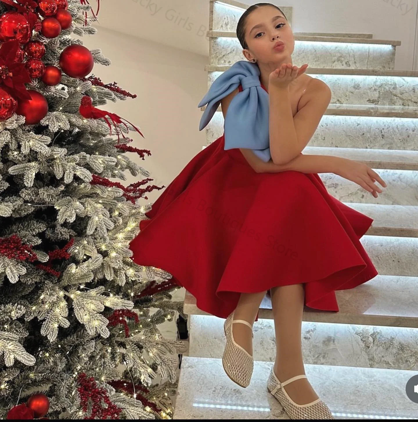 Vintage Red Flower Girl Dresses One Shoulder Knee Length Kids Birthday Gowns Bows Little Girls Photoshoot Wedding Guest Dresses