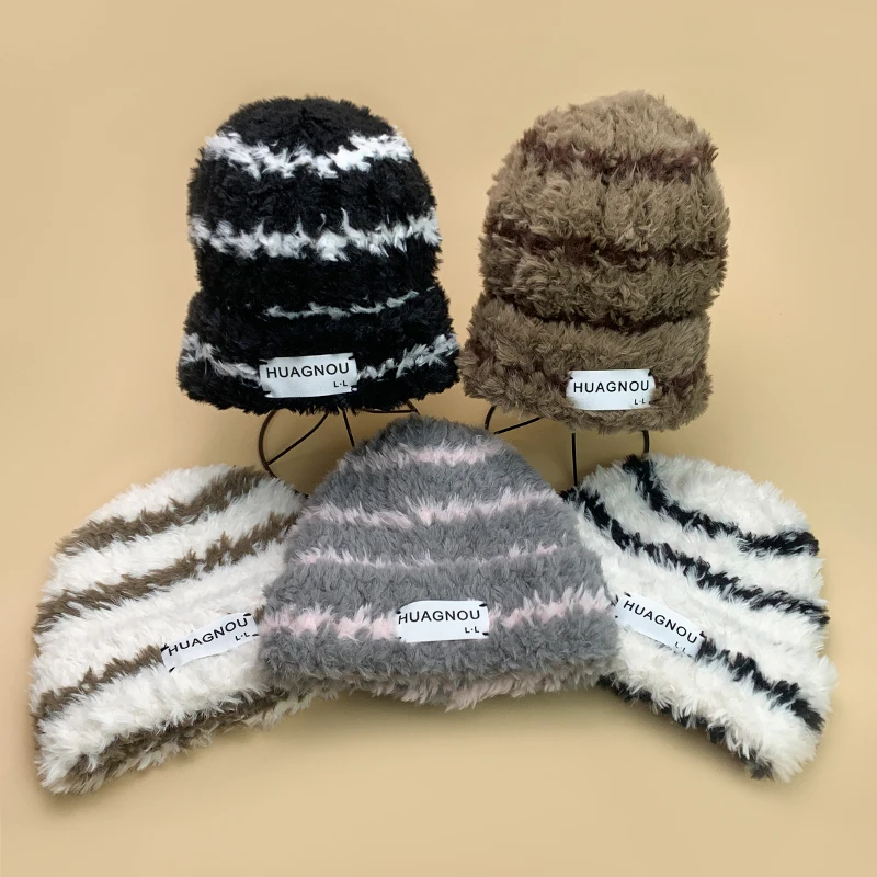 

New Color Block Stripe Letter Plush Bucket Knitted Hats Men Women Warm Autumn and Winter Korean Soft Fashion Versatile Loose