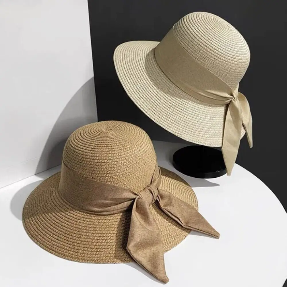 Women Summer Foldable Wide Brim Straw Beach Sun Hat Female UV Protect Ponytail Beach Sun Hats with Bow Ribbon Ladies Panama Cap