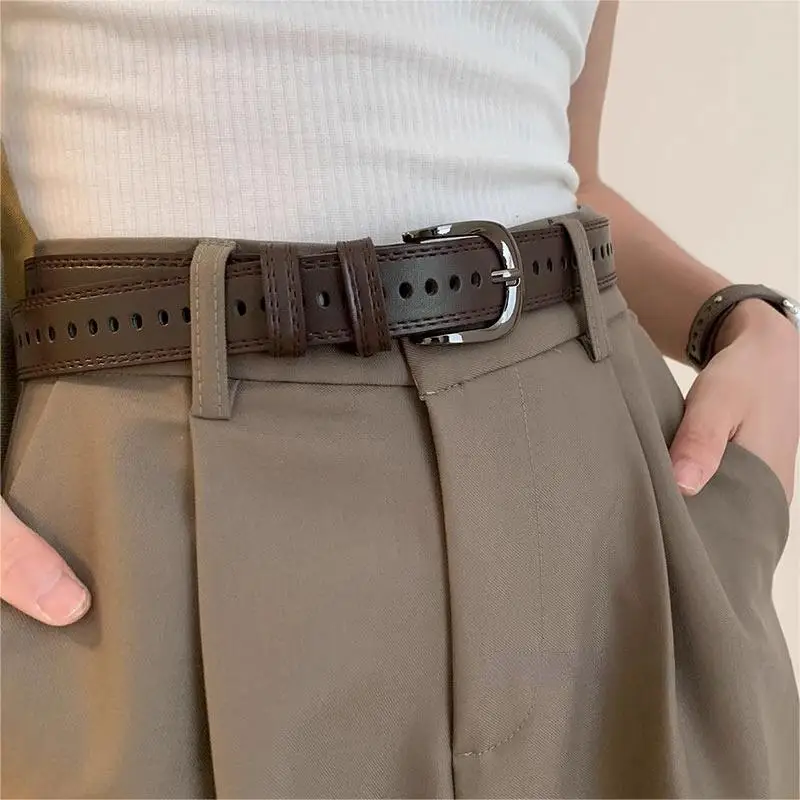 RICYGVM Jeans-Hosengürtel für Damen, volles Loch, Ledergürtel, modisch, schlicht, Dornschließe, Bund, Schwarz, Kaffee, Studenten-Gürtel