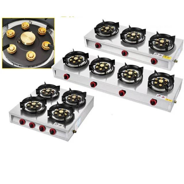 Low Pressure High Firepower Gas Range Commercial Multifunctional Stove with Flameout Protection 3/4 Burner Liquefied Gas Cooktop
