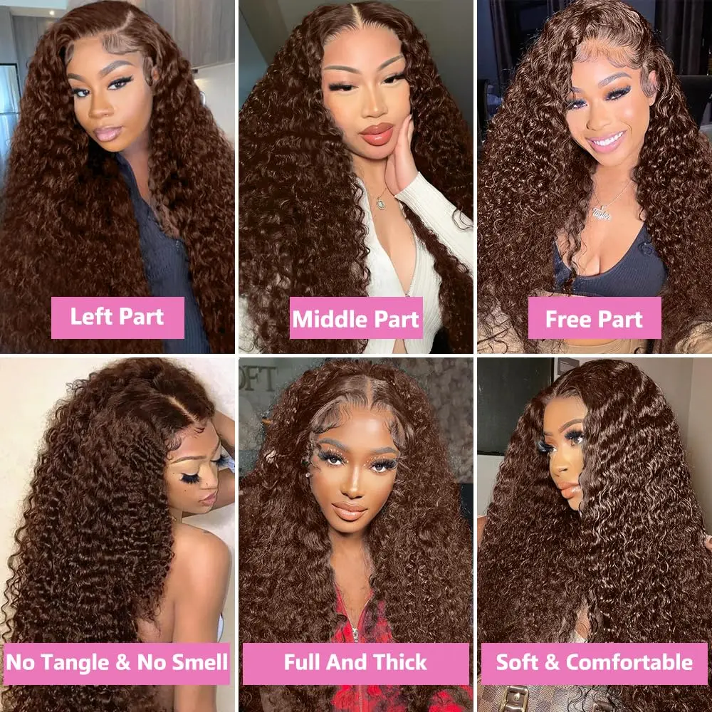Chocolate Brown Deep Wave HD 360 Full Lace Wigs Invisible Strap Drawstring Sung Hd Lace 360 Lace Front Glueless Wigs Human Hair